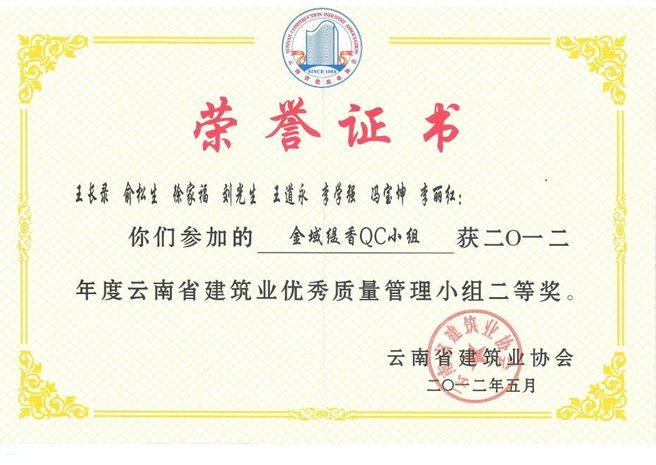 萬科金域緹香QC小組云南省二等獎